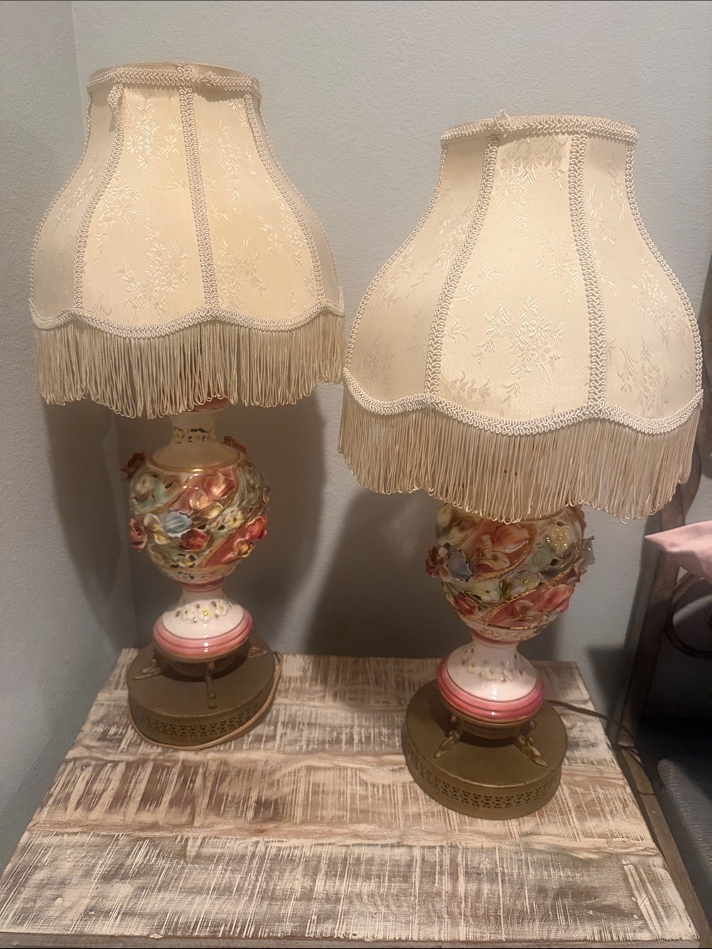 Ornate Cream Floral Table Lamp with Fringe Shade - Set of 2